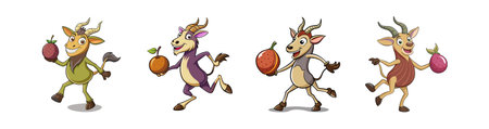 Cartoon goats holding fruits on a white background illustrationのイラスト素材