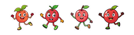 Cheerful cartoon fruit characters running and waving on whiteのイラスト素材