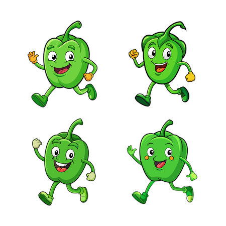 Cartoon green bell pepper characters running and waving helloのイラスト素材