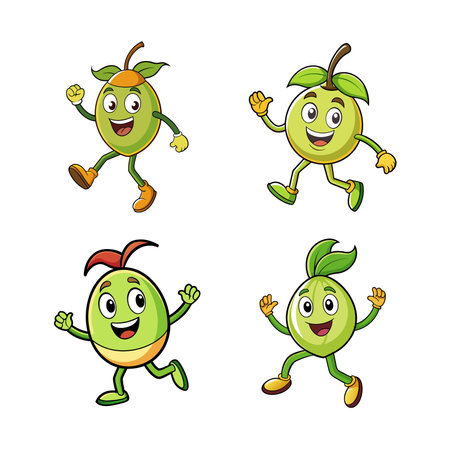 Four cartoon guava characters joyfully running on a white backdropのイラスト素材