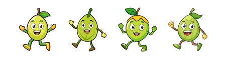 Four cheerful fruit characters joyfully running and waving handsのイラスト素材