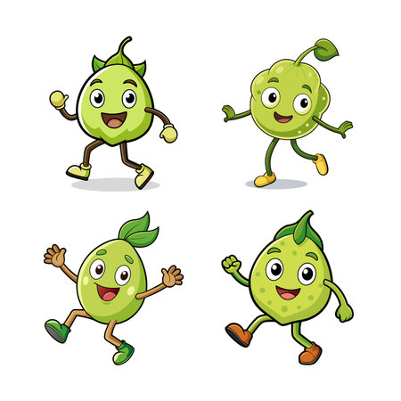 Animated green fruit characters joyfully running on white backgroundのイラスト素材