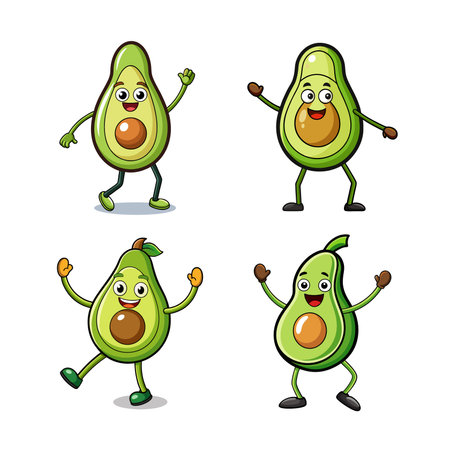 Four animated avocados walking and waving on white backgroundのイラスト素材