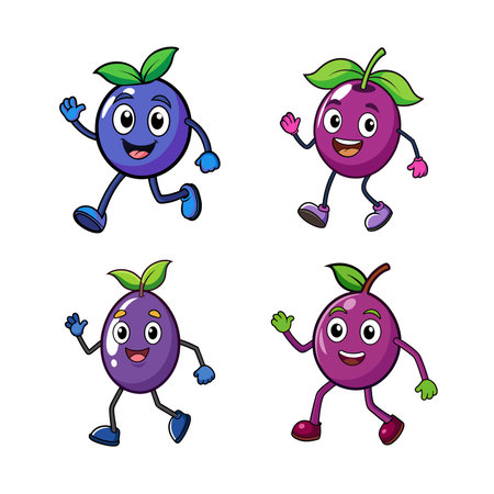 Cartoon blueberries and plums walking cheerfully on white backgroundのイラスト素材