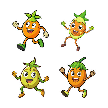 Cheerful fruit cartoon characters running and waving helloのイラスト素材