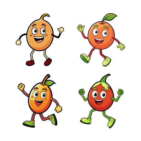 Cartoon fruit characters running and waving on white backgroundのイラスト素材