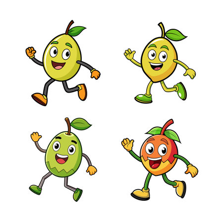 Cartoon fruit characters running and waving on a white backgroundのイラスト素材