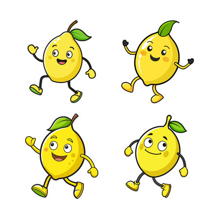 Happy cartoon lemons walking and waving isolated on whiteのイラスト素材