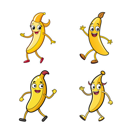 Four cute cartoon bananas dancing on a white backgroundのイラスト素材