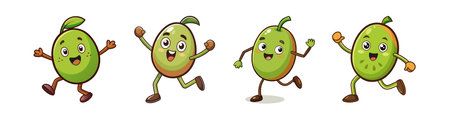 Happy cartoon feijoa fruits running and waving, isolated on whiteのイラスト素材