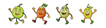 Cartoon fruits character running and greeting on white backgroundのイラスト素材