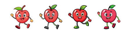 Happy cartoon apples walking, waving, and smiling cheerfully togetherのイラスト素材