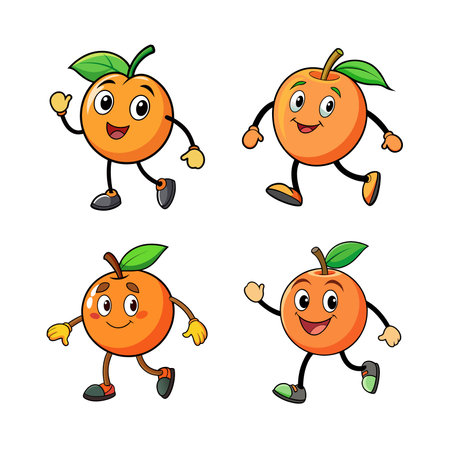 Cheerful cartoon oranges walking and waving on a white backgroundのイラスト素材