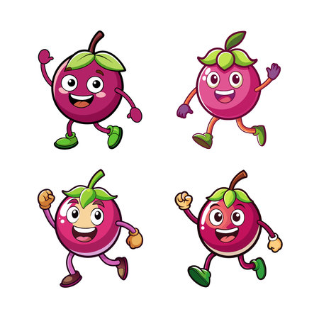 Cartoon mangosteen fruits character set walking and waving handsのイラスト素材