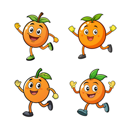 Cartoon orange characters running joyfully on a white backgroundのイラスト素材