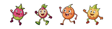 Four cartoon fruit characters happily waving, standing on whiteのイラスト素材