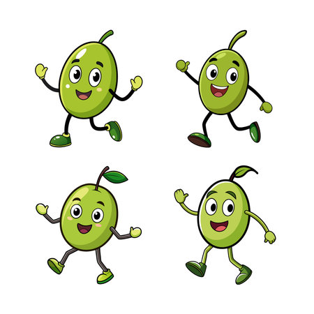 Animated green olive character set with cheerful expressions and actionsのイラスト素材