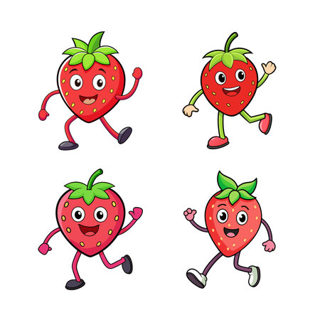 Happy Cartoon Strawberries Characters Isolated on White Backgroundのイラスト素材