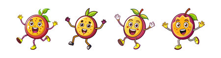 Happy cartoon passion fruit characters dancing on a white backgroundのイラスト素材
