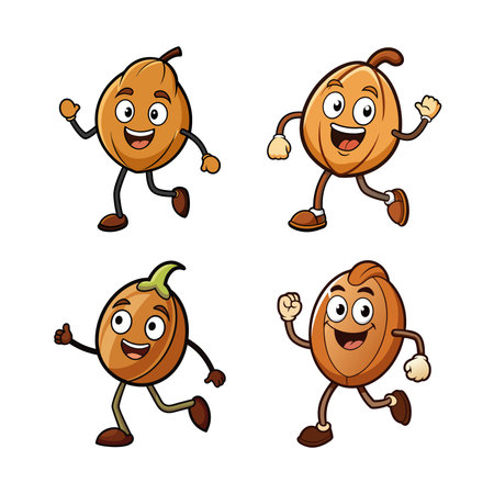 Cheerful Cartoon Fruit Characters Running and Waving Illustration Setのイラスト素材