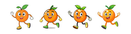Cheerful orange fruit characters walking and waving hello cheerfullyのイラスト素材