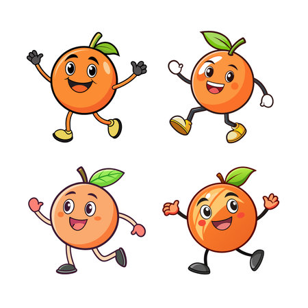 Cheerful Cartoon Oranges Walking and Waving on White Backgroundのイラスト素材