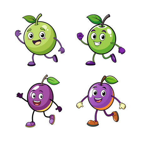 Happy fruit characters running and waving on white backgroundのイラスト素材