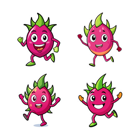 Happy cartoon dragon fruit characters running on white backgroundのイラスト素材
