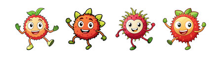 Cartoon fruit characters cheerfully waving and jumping on whiteのイラスト素材