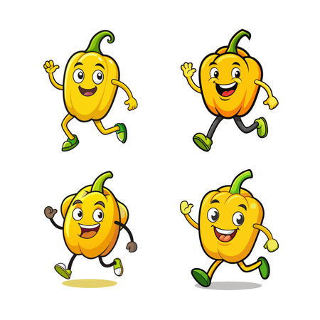 Cheerful yellow bell pepper cartoon character running and wavingのイラスト素材