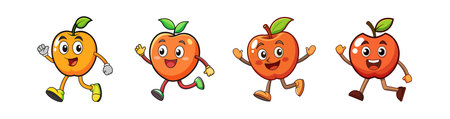 Cartoon apples running with friendly smiles on white backgroundのイラスト素材
