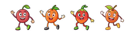 Animated fruits with faces walking happily on white backgroundのイラスト素材