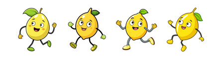 Cheerful lemon characters walking and waving in a cartoon styleのイラスト素材