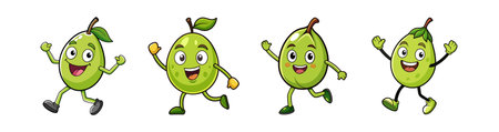 Cheerful guava fruit characters doing different actions on white backgroundのイラスト素材