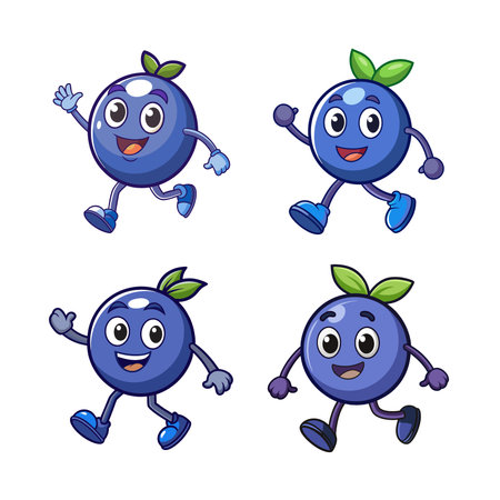 Cartoon blueberries character set running waving isolated on whiteのイラスト素材