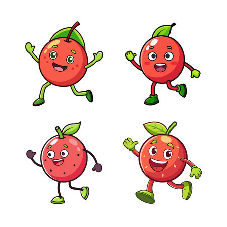 Four cartoon apples walking and greeting on white backgroundのイラスト素材