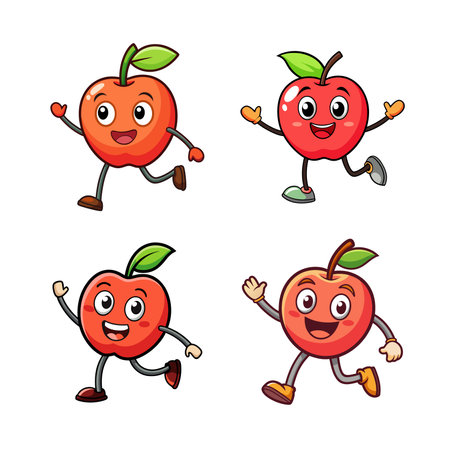 Animated cartoon apples happily running and waving greetingsのイラスト素材
