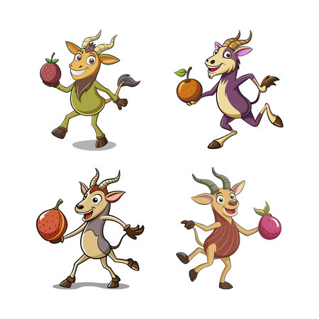 Cartoon goats holding fruits on a white background illustrationのイラスト素材