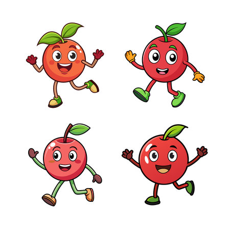 Cheerful cartoon fruit characters running and waving on whiteのイラスト素材