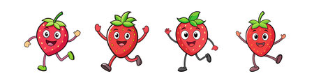 Cartoon Strawberries Characters Running and Waving on White Backgroundのイラスト素材
