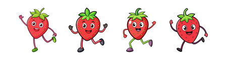 Four cartoon strawberries with arms and legs on whiteのイラスト素材