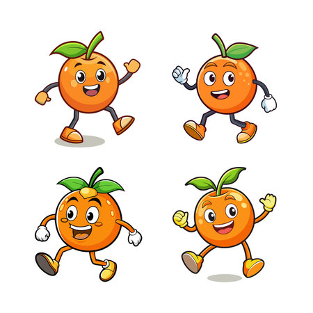 Cartoon Oranges Running and Waving Set Isolated on Whiteのイラスト素材