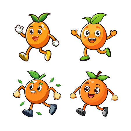 Cartoon Oranges Having Fun Running and Waving Illustration Setのイラスト素材