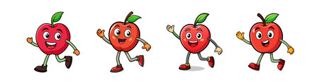 Cartoon apples running and waving hello on white backgroundのイラスト素材
