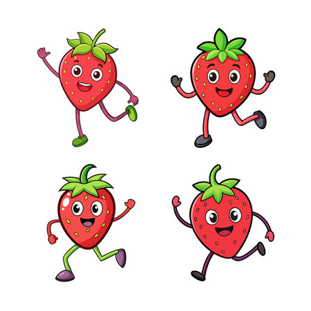 Four cartoon strawberries with arms and legs on whiteのイラスト素材