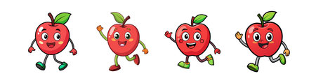 Four cartoon apples with arms and legs on white backgroundのイラスト素材