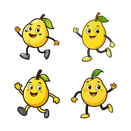 Cartoon pear characters running and waving on a white backgroundのイラスト素材