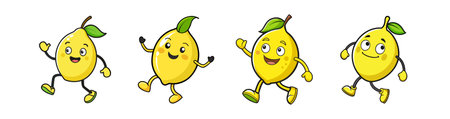 Happy cartoon lemons walking and waving isolated on whiteのイラスト素材