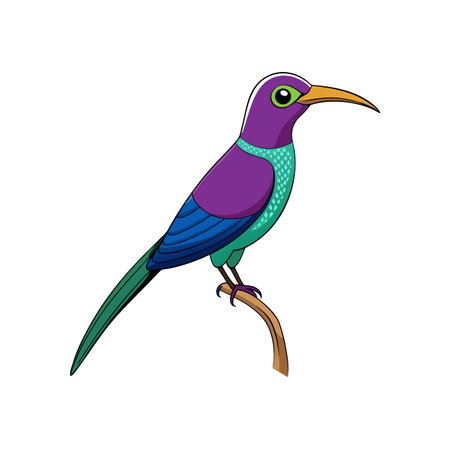 Colorful bird illustration perched on a branch in flat styleのイラスト素材