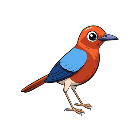 Cartoon illustration of a colorful bird perched on whiteのイラスト素材